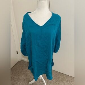 Soft Surroundings Blue Teal Tunic Blouse Top Lagenlook Tab Sleeves Textured L